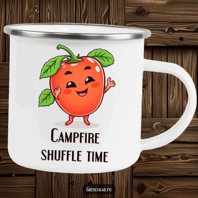 Funny camping mug featuring a tomato character with a goofy grin, doing a wobbly dance, ready for fun outdoor adventures.