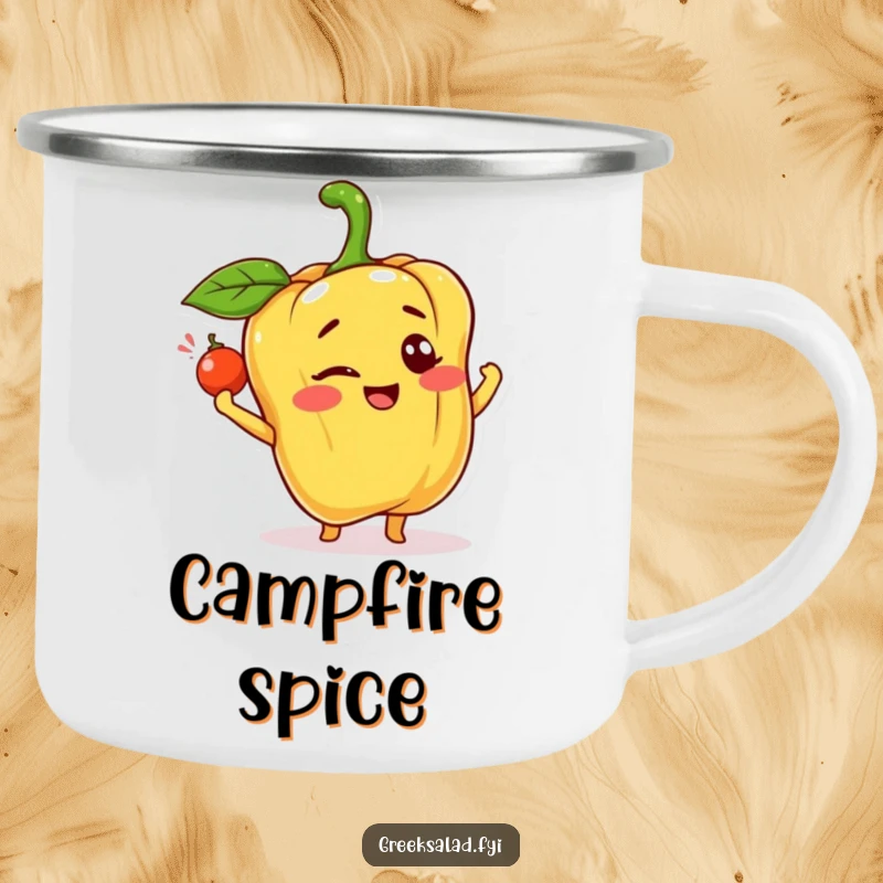 Funny, sturdy camping mug with a happy bell pepper character winking and tossing a caper, perfect for outdoor enjoyment and cheerful fun.