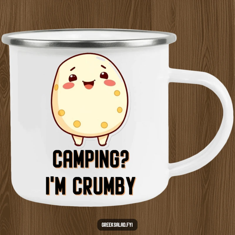 Funny camping mug featuring a proud feta cheese character beaming, perfect for rustic brews and outdoor cheese appreciation.