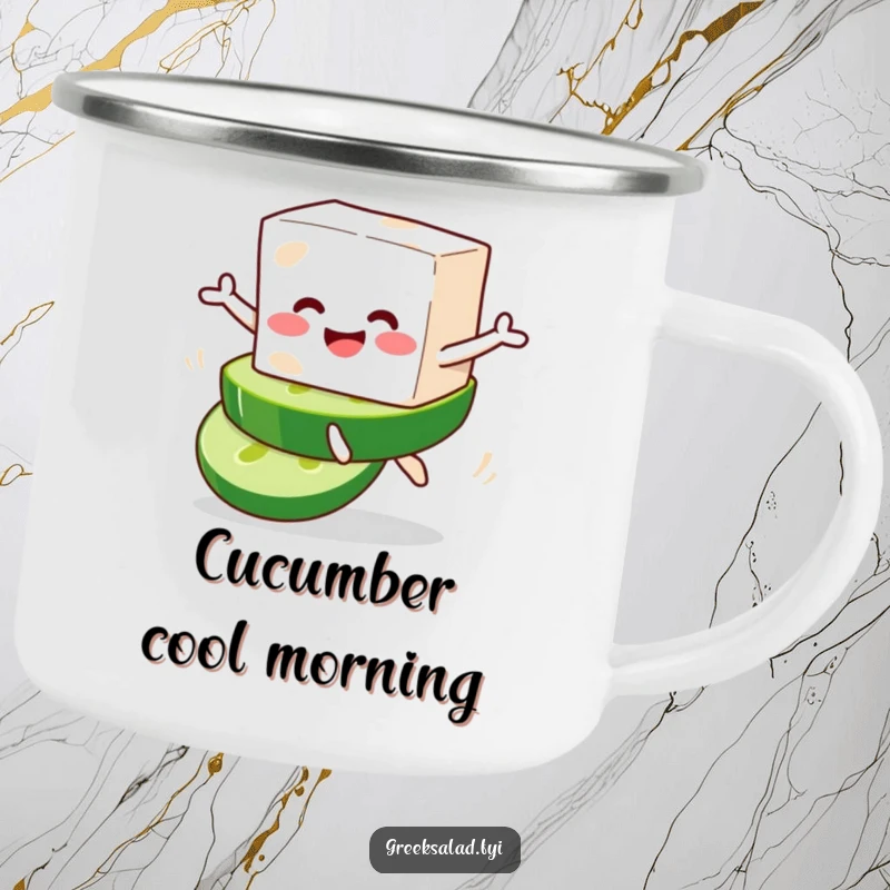 Funny camping mug illustration of a smiling feta cheese block character leaping from a cucumber slice, perfect for outdoor enjoyment.