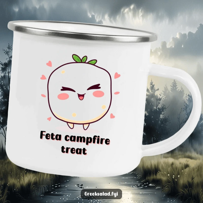 Funny winking feta cheese camping mug with a jolly character winking, perfect for enjoying beverages during outdoor activities.