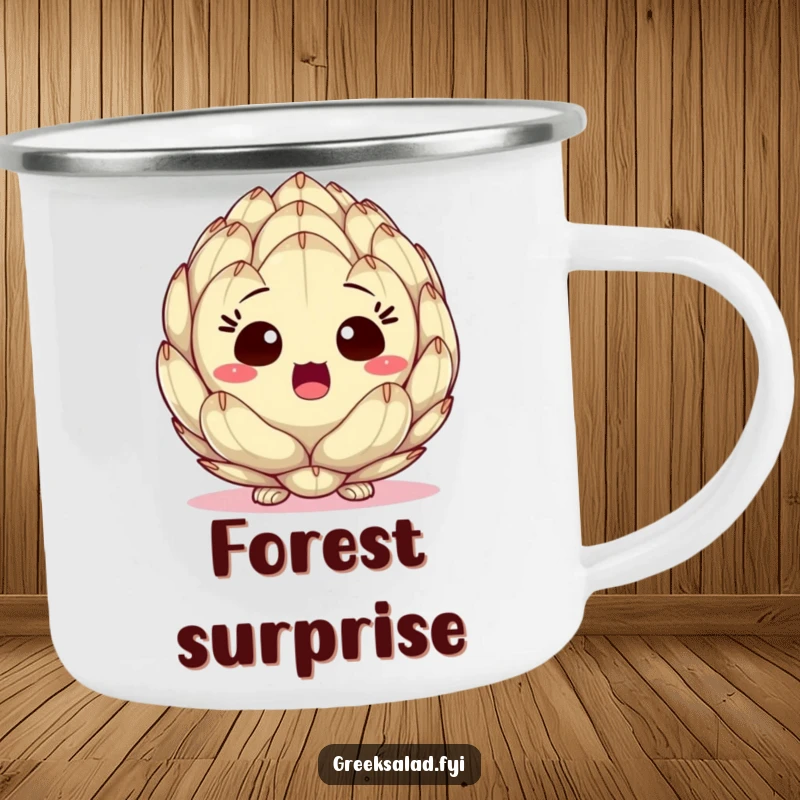 Funny camping mug featuring a surprised artichoke heart peeking, bringing portable humor and vegetable-themed surprise to your adventures.
