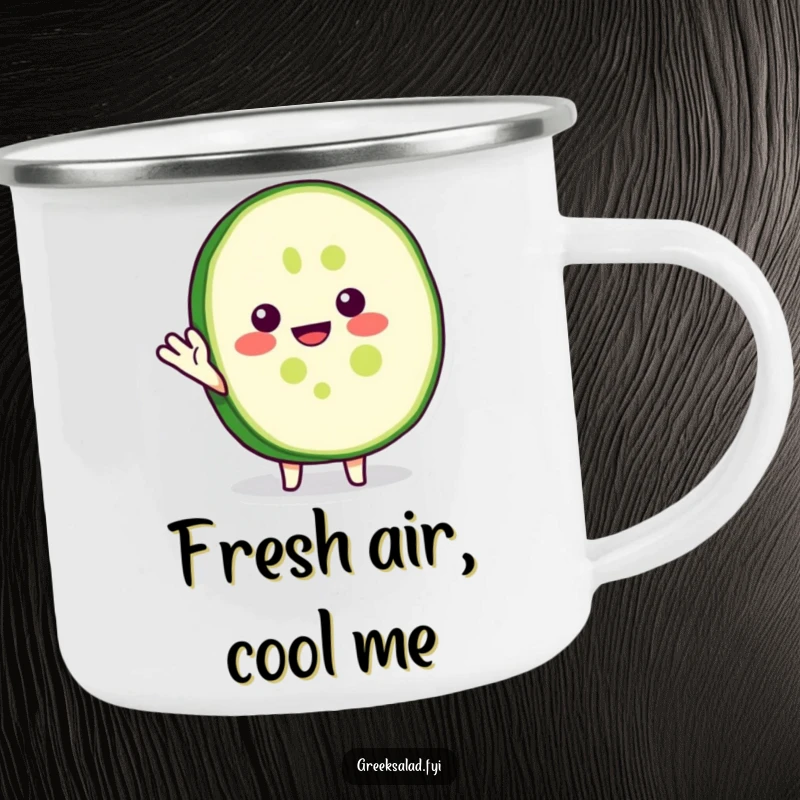 Funny camping mug featuring a happy cucumber slice character waving cheerfully, perfect for rustic brews and outdoor fun.