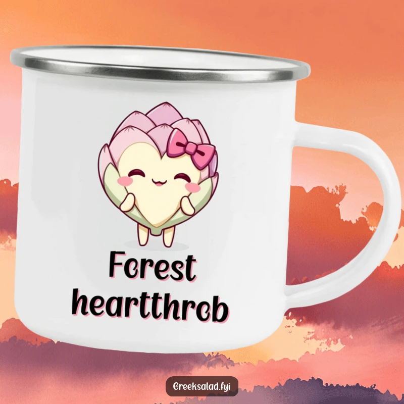 Funny delighted artichoke heart character performing a happy bow, durable camping mug for outdoor enjoyment.