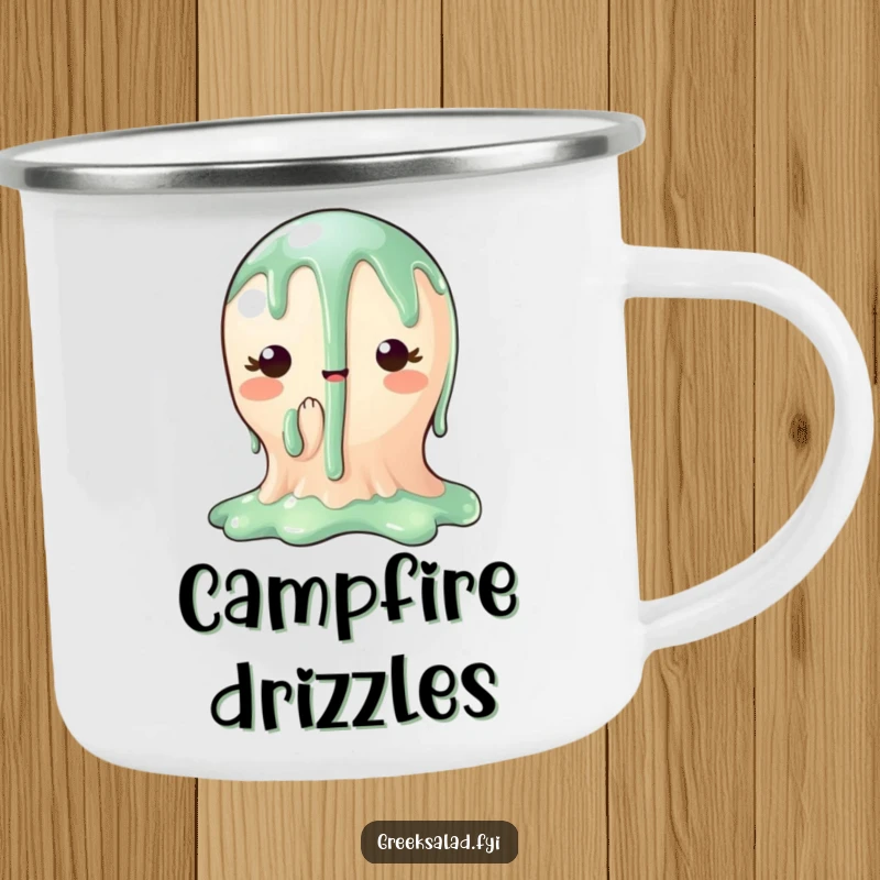 Funny camping mug featuring a charming balsamic glaze character dripping, bringing portable gourmet humor and elegance to your adventures.