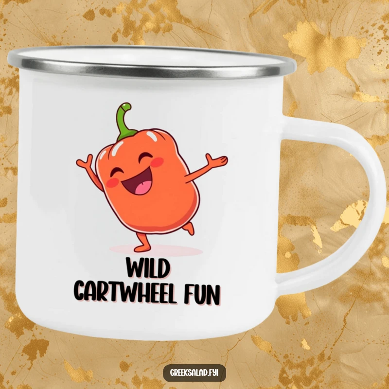 Funny Bell Pepper Cartwheel Camping Mug: A jubilant bell pepper cartwheels, perfect for outdoor drinks.
