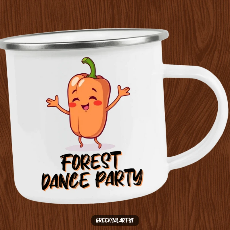 Funny camping mug featuring a bell pepper character dancing playfully, perfect for enjoying drinks outdoors with a cheerful, vegetable-themed twist.