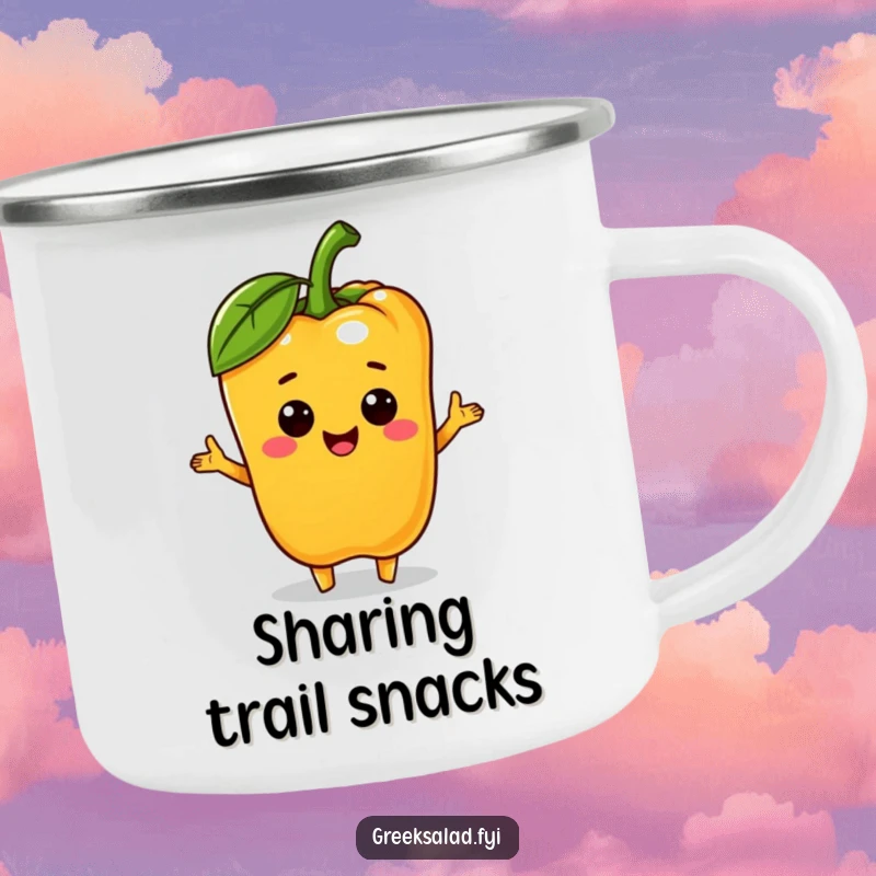 Funny bell pepper character offering a tiny olive on a camping mug, perfect for outdoor enjoyment with cheerful generosity.