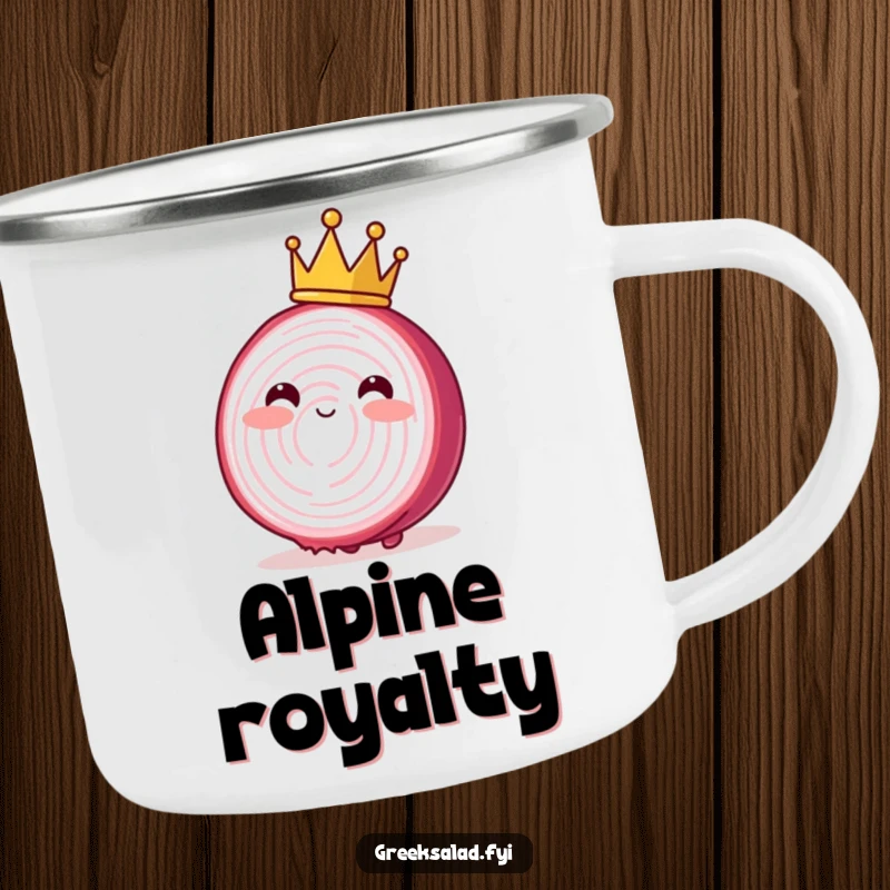 Funny camping mug showing a blushing red onion slice with a crown, swaying, perfect for regal outdoor sipping.
