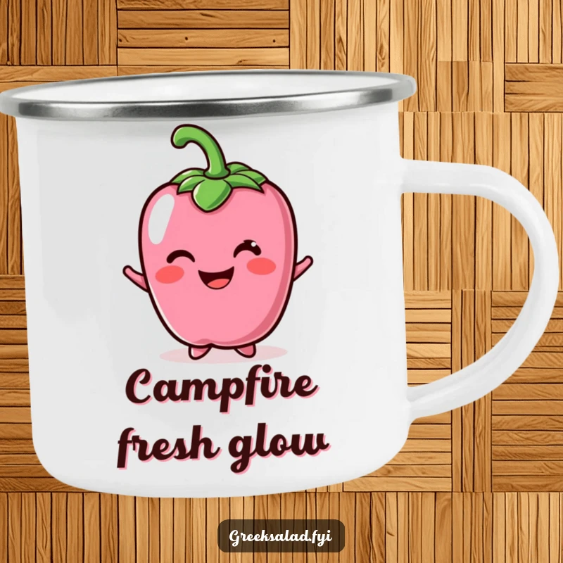 Funny camping mug featuring a cheerful bell pepper character with a bright smile, perfect for outdoor cheer.