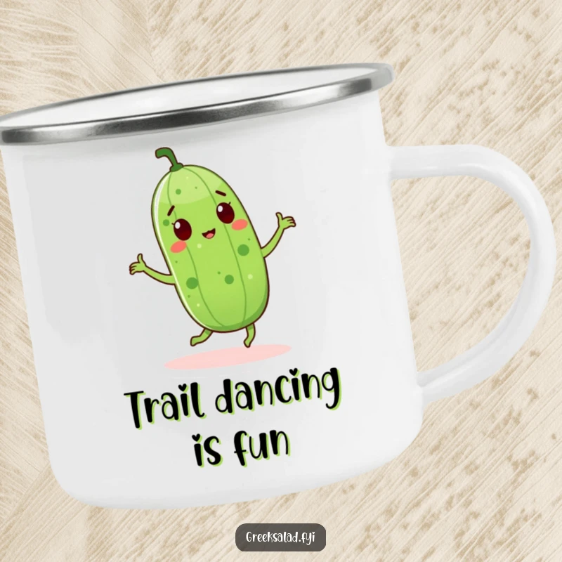 Funny cucumber character dancing enthusiastically on a camping mug, perfect for adding a cheerful vibe to outdoor beverages.