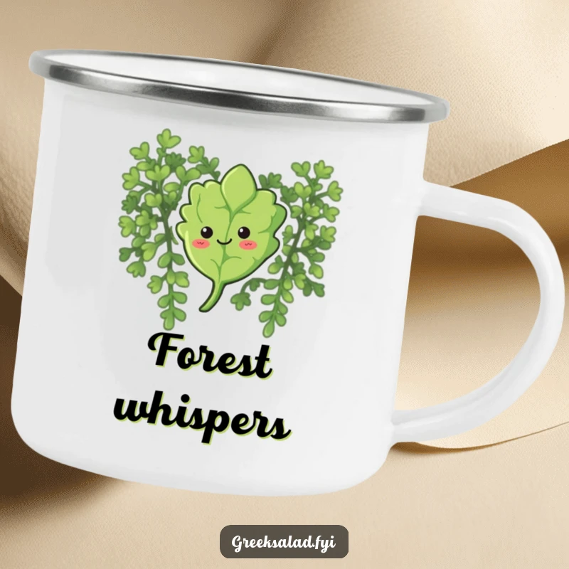 Funny camping mug showing a curious oregano leaf with a smile, floating gently down, perfect for peaceful outdoor sipping.