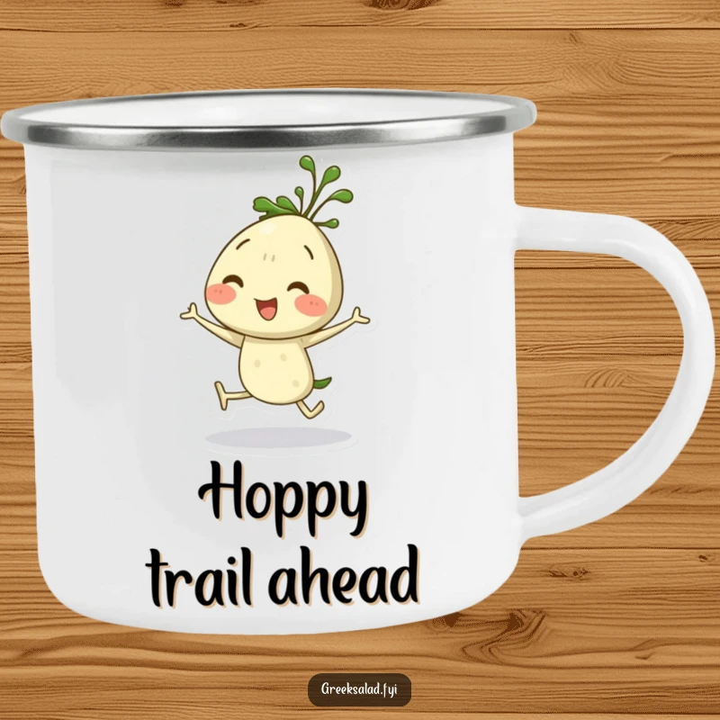 Funny dill sprig camping mug showing a jubilant herb character doing a happy hop, ideal for outdoor brews and cheer.