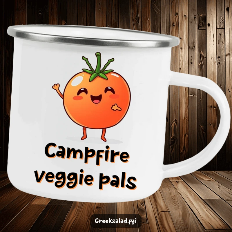 Funny Camping Mug: Cheerful tomato with tiny legs cheering with a cucumber, ideal for outdoor enjoyment.