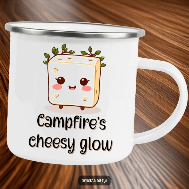 Funny Feta Cheese Camping Mug: A smiling, laurel-crowned feta cheese cube ready for your favorite outdoor beverage.