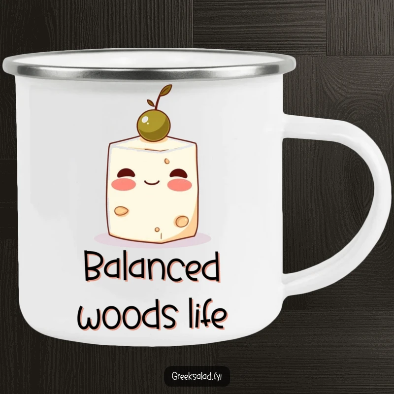 Funny Feta Cheese Olive Camping Mug: A blushing feta cube balances an olive, perfect for outdoor drinks.