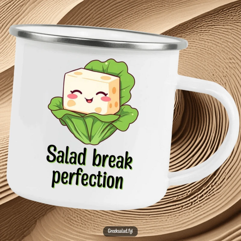 Funny camping mug showcasing a winking feta cheese block character sitting on a lettuce leaf, ready for campfire chats.