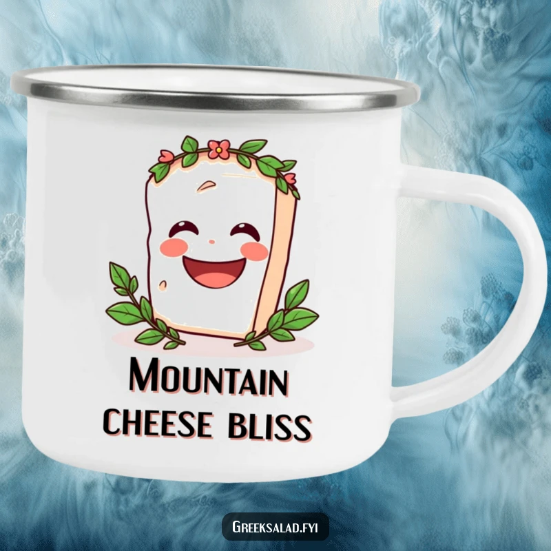Funny Camping Mug with an enamel finish, showing a laughing feta cheese block with a laurel wreath spinning happily, ideal for outdoor lovers.