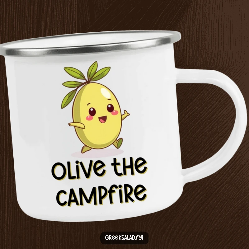 Funny camping mug featuring a playful Greek olive character rolling happily, ideal for outdoor Mediterranean humor.
