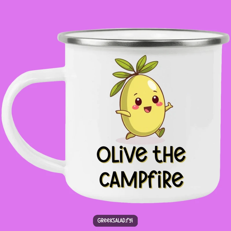 Funny Greek Olive Rolling Camping Mug: Enjoy Your Brew with Mediterranean Outdoor Humor!