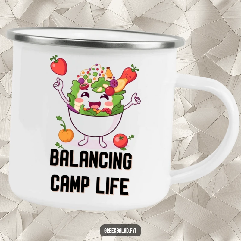Funny smiling Greek salad bowl character balancing ingredients on a camping mug, perfect for outdoor enjoyment with humorous balance.