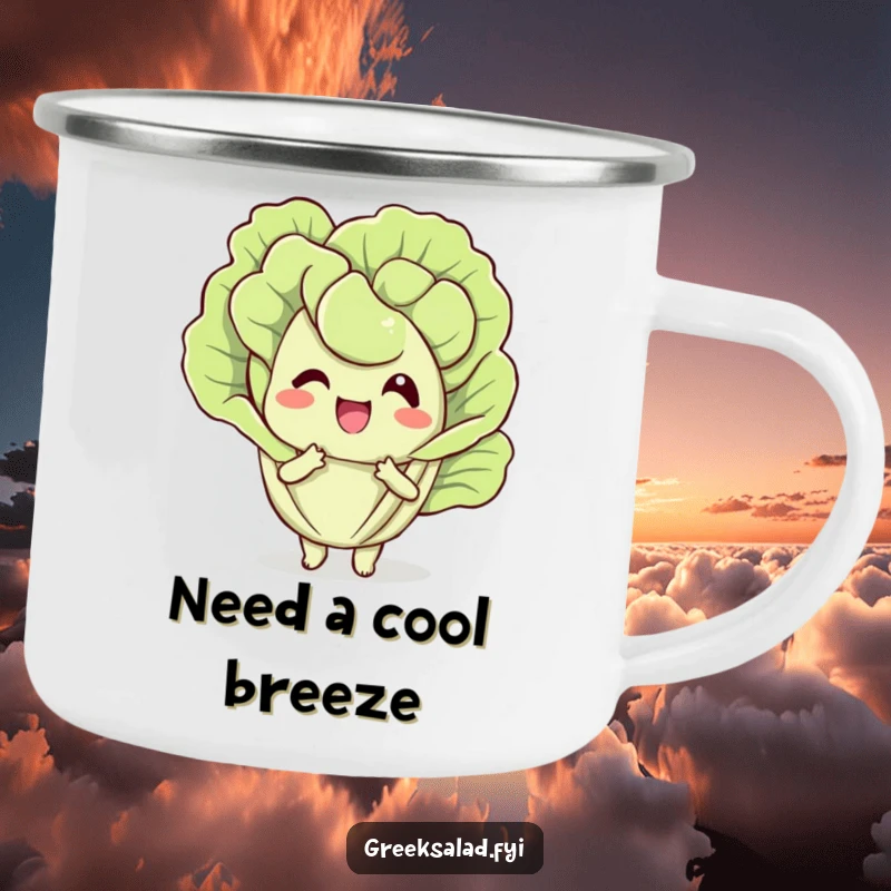 Funny camping mug featuring a happy lettuce leaf character fanning itself, ready for outdoor adventures with a cool sense of humor.