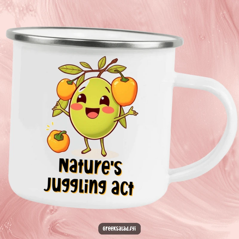 Funny camping mug depicting a happy olive character juggling vibrant bell peppers, ideal for outdoor enjoyment and laughter.