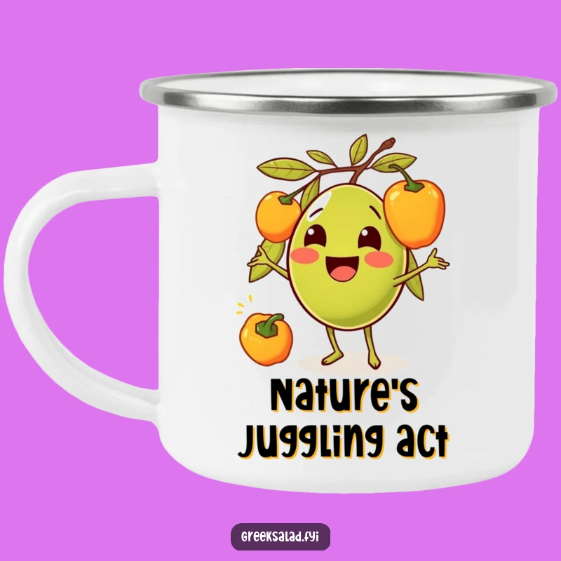 Funny Olive Juggling Peppers Camping Mug: Campfire Laughs with Hilarious Cartoon