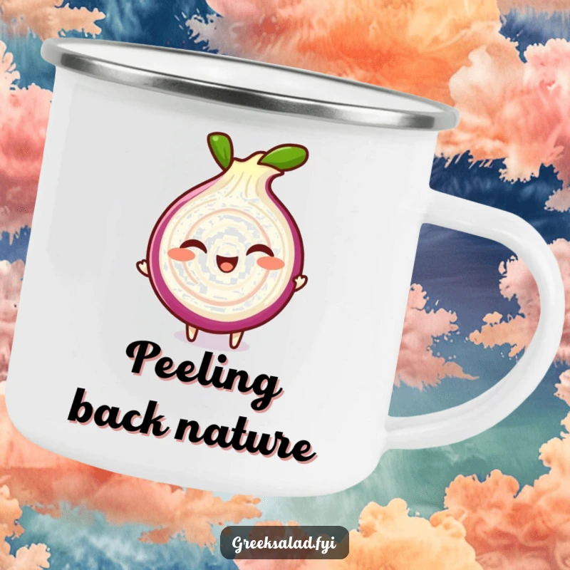 Funny camping mug featuring a giggling red onion slice character doing a playful spin, perfect for rustic brews and outdoor fun.