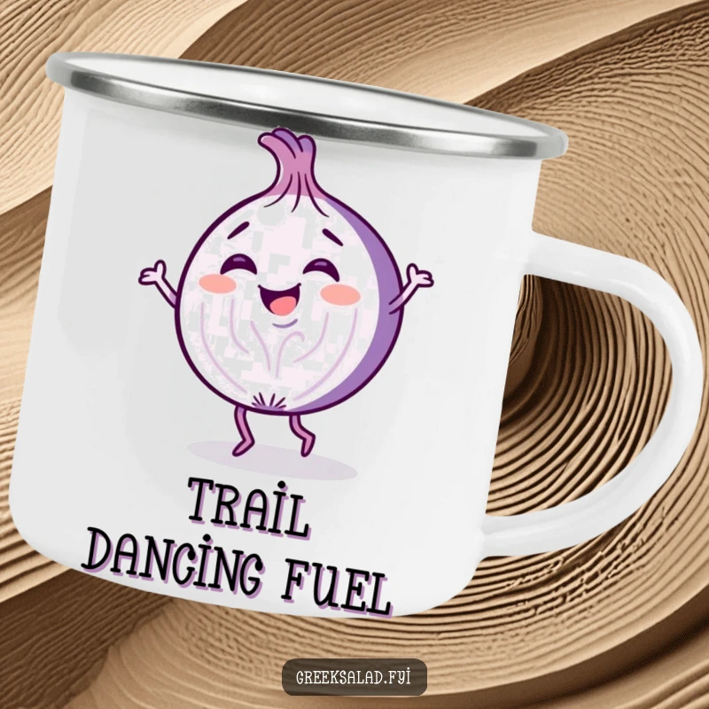 Funny camping mug showing a giggling purple onion slice character dancing enthusiastically, ready for outdoor enjoyment.