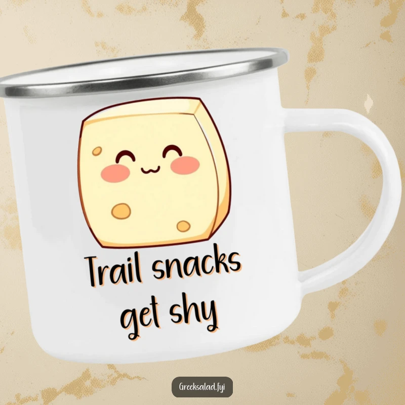 Funny camping mug with a shy feta cheese block blushing sweetly, perfect for enjoying beverages outdoors with a touch of adorable dairy personality.