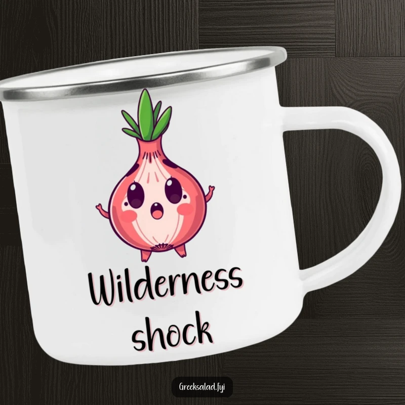 Funny, sturdy camping mug with a surprised red onion character and expanding rings, perfect for outdoor enjoyment and humorous shock.
