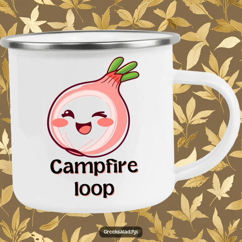Funny Camping Mug with a red onion ring winking playfully, perfect for adding a touch of cheeky humor to outdoor trips.