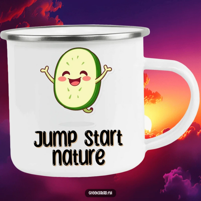Funny camping mug with a smiling cucumber slice doing a happy jump, designed for outdoor adventures and adding a splash of humor.