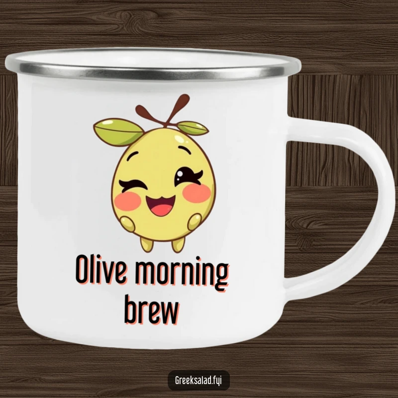Funny camping mug with a smiling olive character winking playfully, designed for adding wit to outdoor experiences.