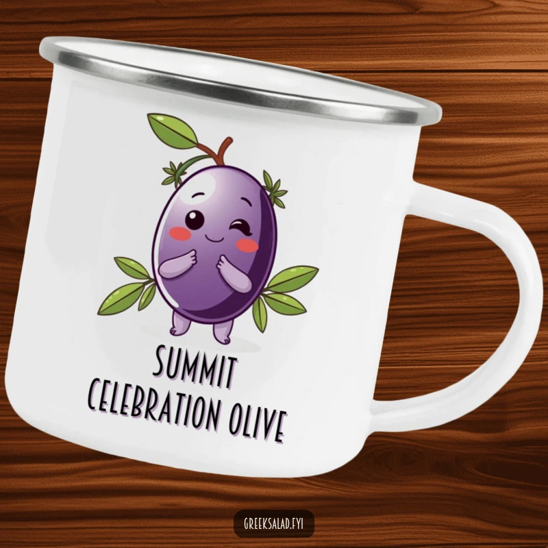 Funny camping mug with a delighted Kalamata olive in a laurel wreath, taking a bow, ready for classy outdoor fun.