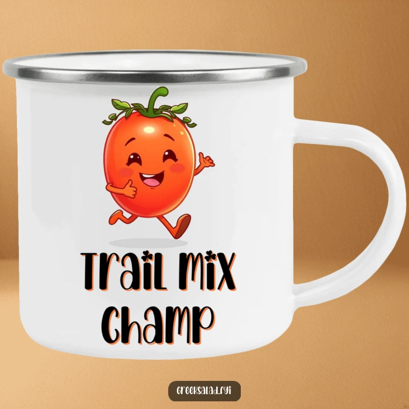 Funny camping mug with a cheerful tomato, laurel wreath, jogging happily, perfect for outdoor fitness.