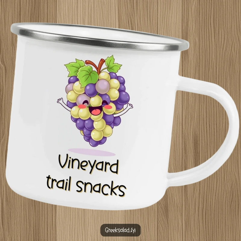 Funny Camping Mug: Delighted grapes enthusiastically bounce, ideal for humorous outdoor sipping.