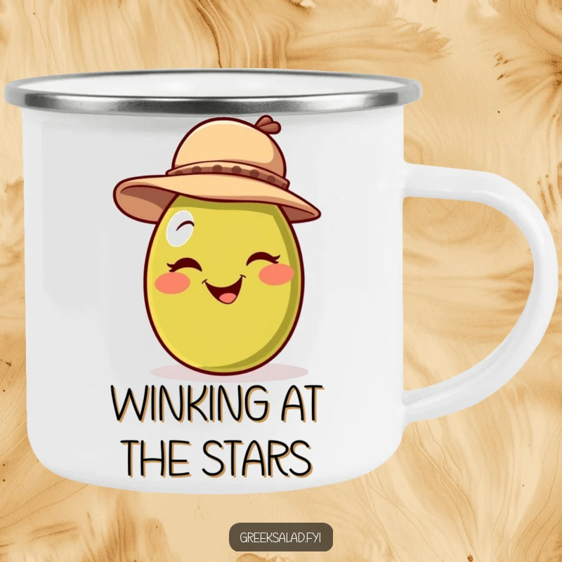 Funny camping mug with a smiling olive wearing a jaunty hat and giving a playful wink, designed for outdoor adventures with style.