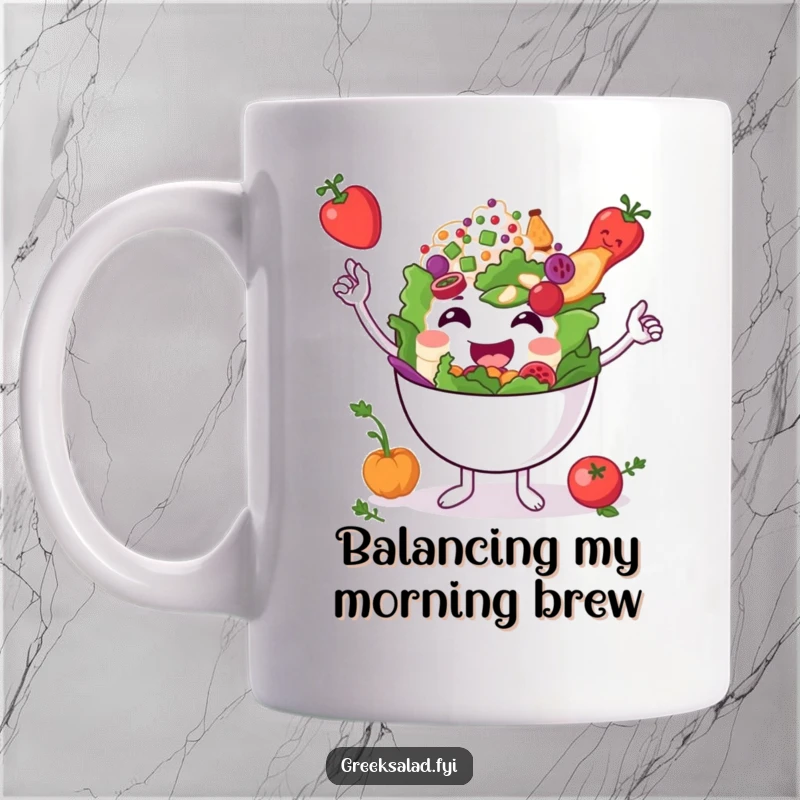 Funny smiling Greek salad bowl character precariously balancing tiny feta, olives, and tomatoes on a mug.