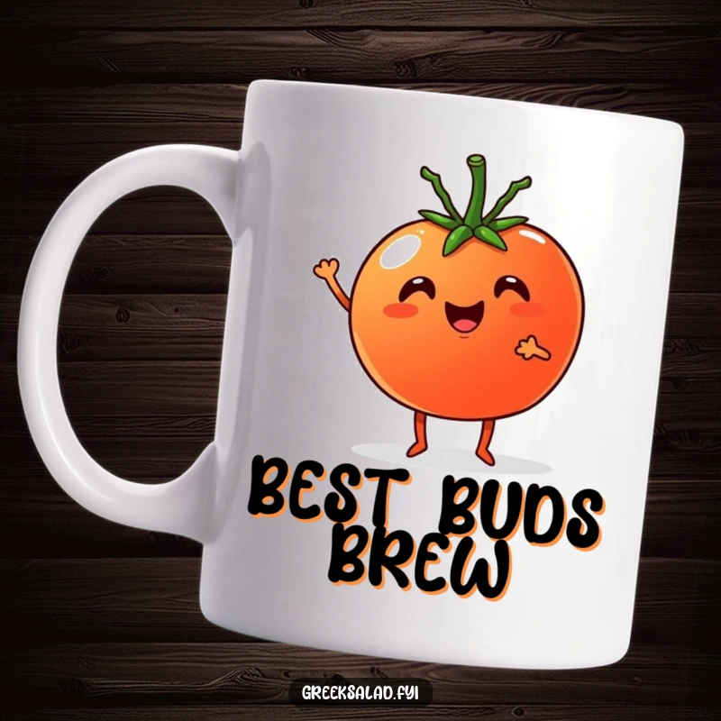 Funny Mug: A cheerful tomato with tiny legs enthusiastically cheering with a smiling cucumber, celebrating healthy fun.