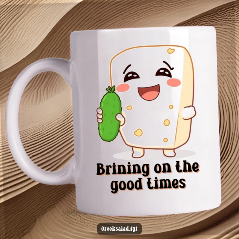 Funny mug featuring a laughing feta cheese character holding a tiny cucumber, radiating cheesy humor and a healthy, joyful vibe.