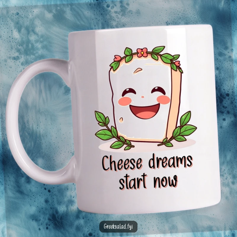 Funny Mug featuring a laughing feta cheese block wearing a tiny laurel wreath and spinning with delight, a cheesy cartoon character.