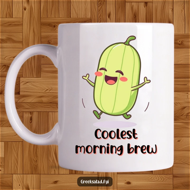 Funny cucumber mug with a jubilant character joyfully rolling, a hilarious veggie-themed gift for coffee lovers.