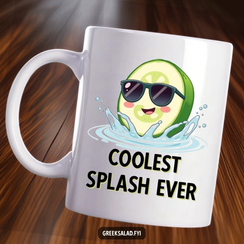 Funny Cucumber Sunglasses Mug: A cool cucumber with shades splashes playfully in imaginary water, perfect for a quirky gift.