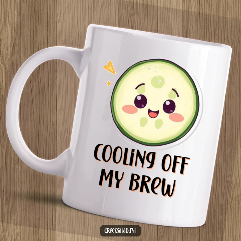 Funny mug with a delighted cucumber slice winking playfully, perfect for a kitchen gift.
