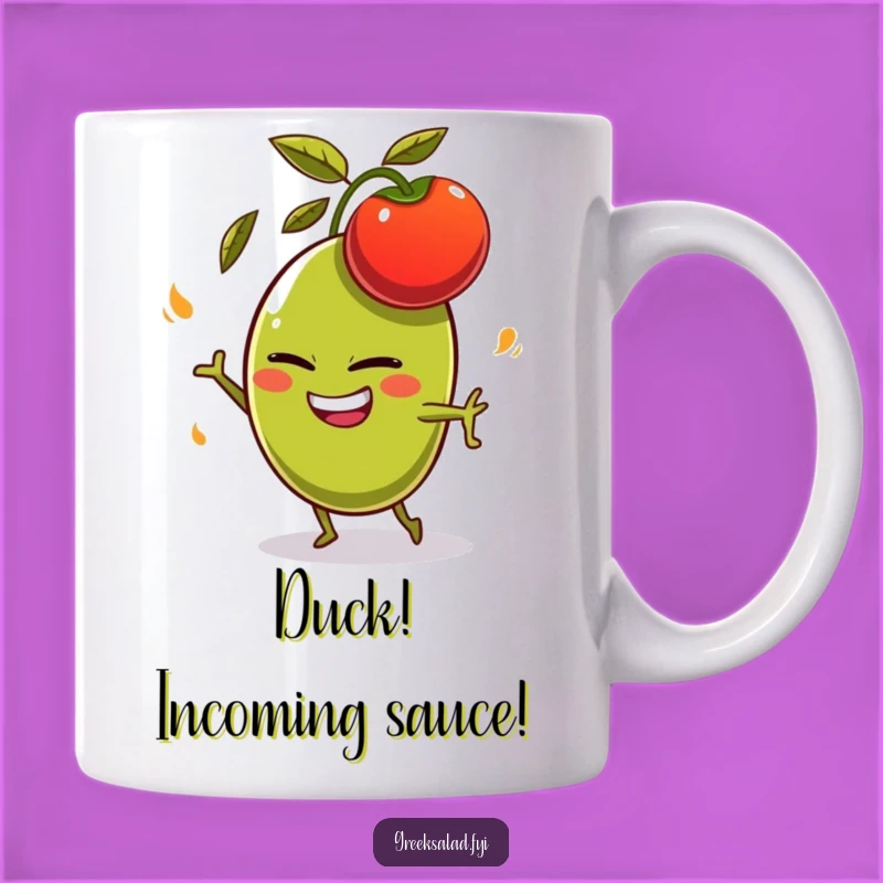 Funny Olive Dodging Tomato Mug - Hilarious Foodie Gift for Laughs