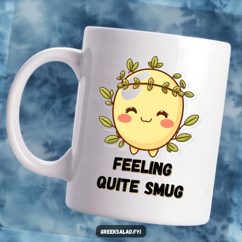 Funny mug illustration of a green olive character with a cheeky grin, sporting a small laurel wreath, exuding playful confidence.