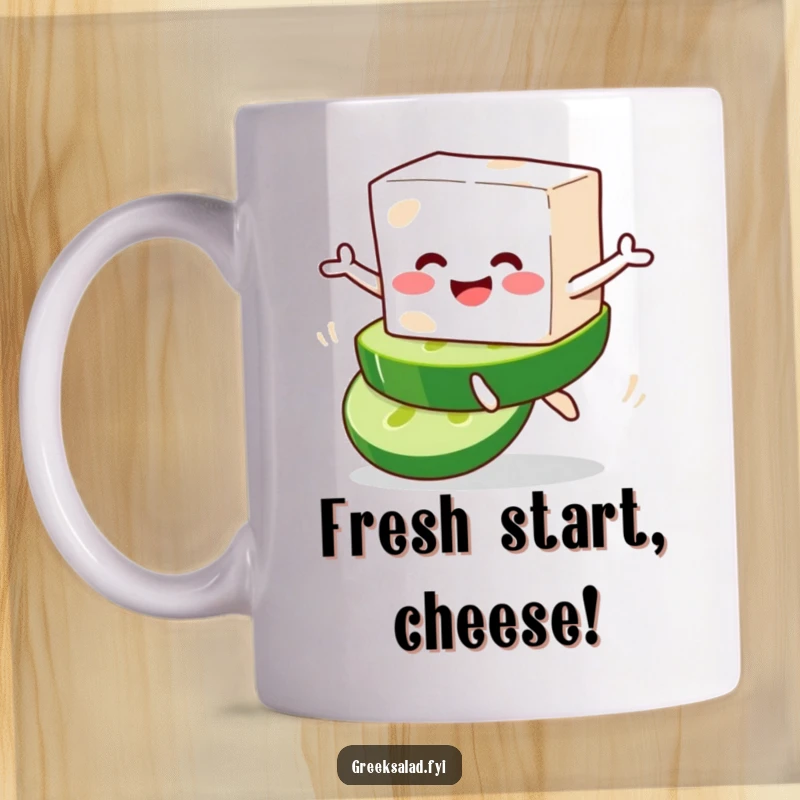 Funny mug featuring a smiling feta cheese block character joyfully leaping off a cucumber slice with a cheerful expression.