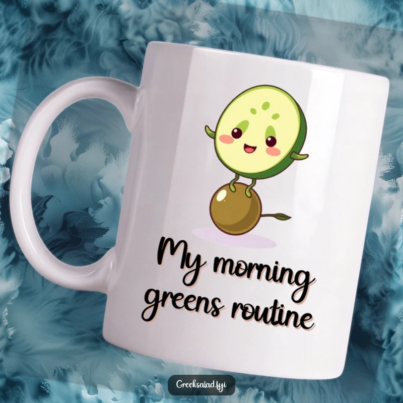 Funny mug featuring a cheerful cucumber slice with a grin, skillfully balancing on a plump olive, showcasing healthy humor.